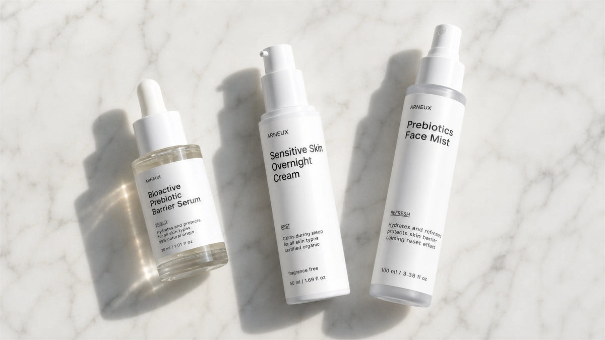 Three skincare products in correct layering order from serum to moisturizer on marble surface