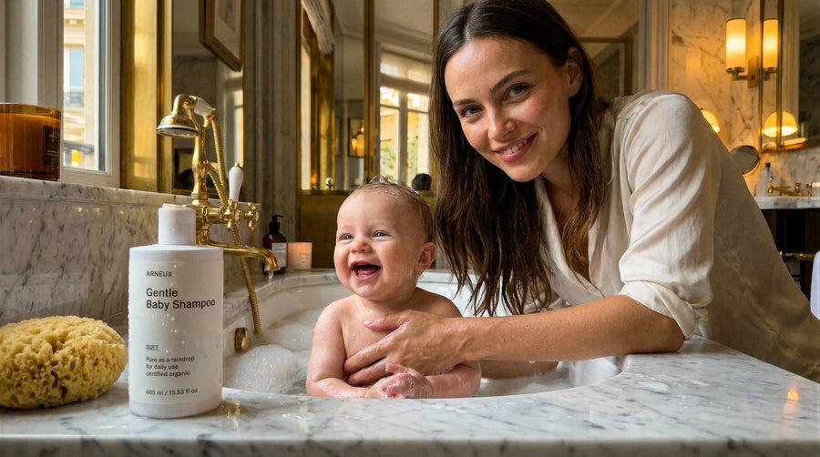 Baby bath routine using COSMOS Organic certified gentle baby wash and shampoo