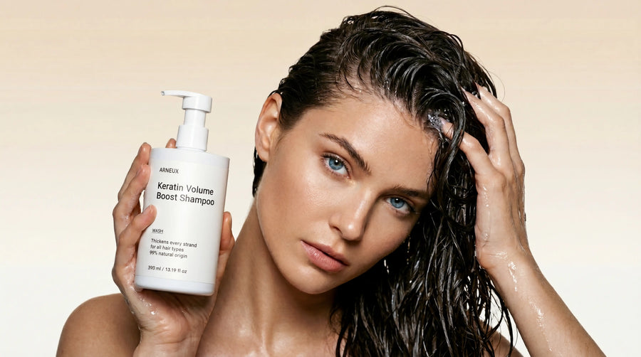 Woman with smooth strong hair after keratin protein treatment with natural certified formula