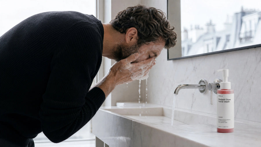 Man starting his first skincare routine washing face before applying certified natural products