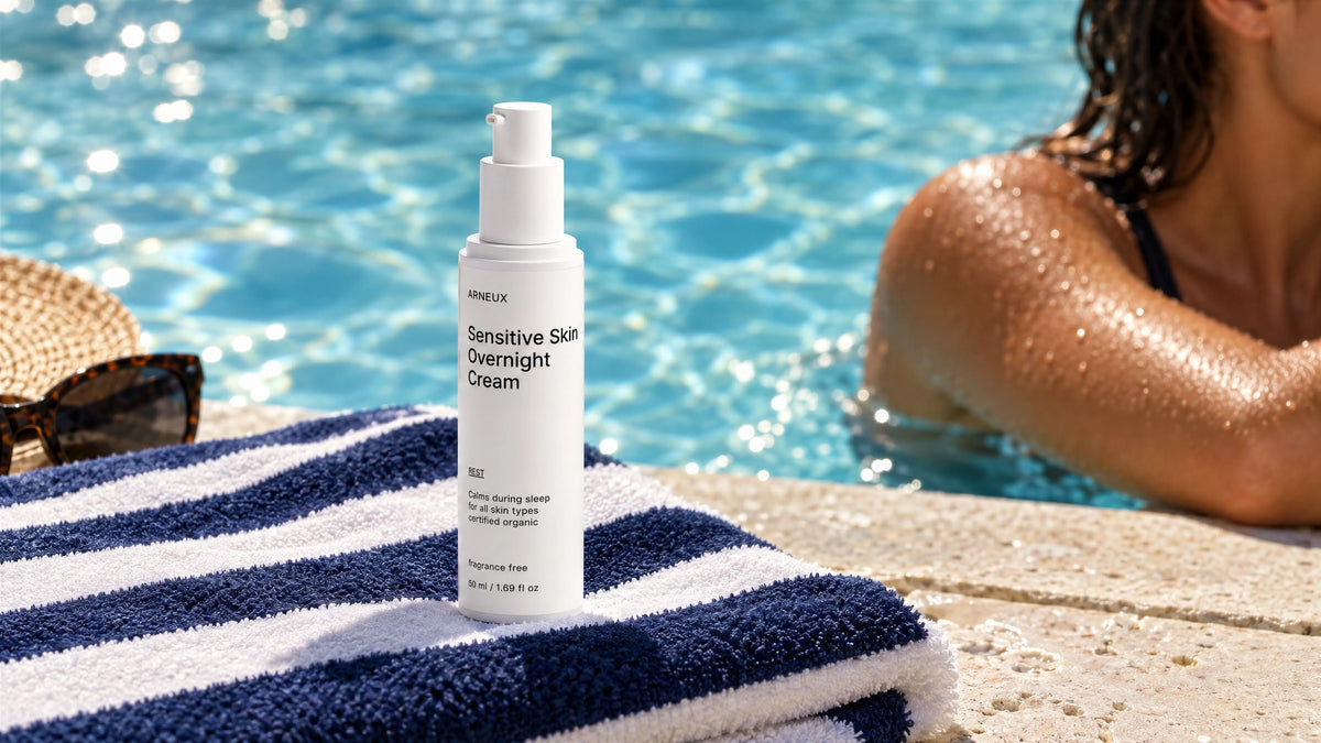 ARNEUX REST fragrance-free Sensitive Skin Overnight Cream on a striped towel at the edge of a sunlit pool