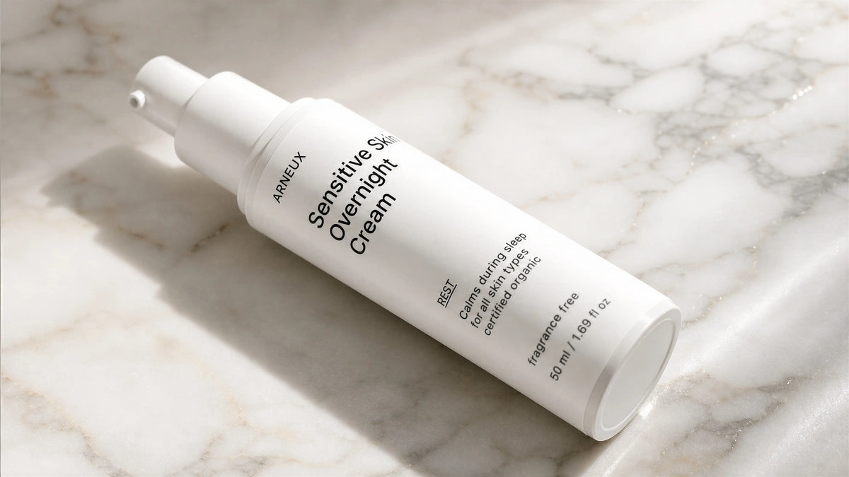Fragrance-free skincare routine for sensitive skin laid out on a marble stone surface