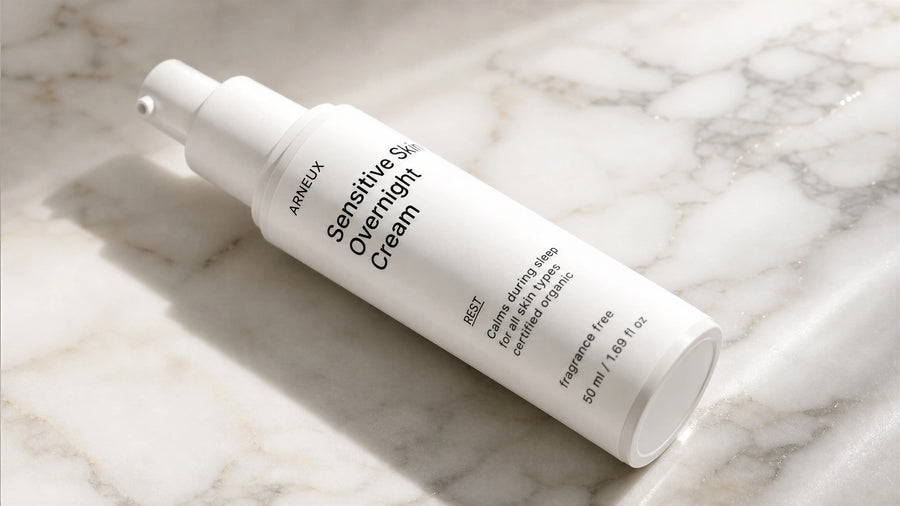 Fragrance-free skincare routine for sensitive skin laid out on a marble stone surface