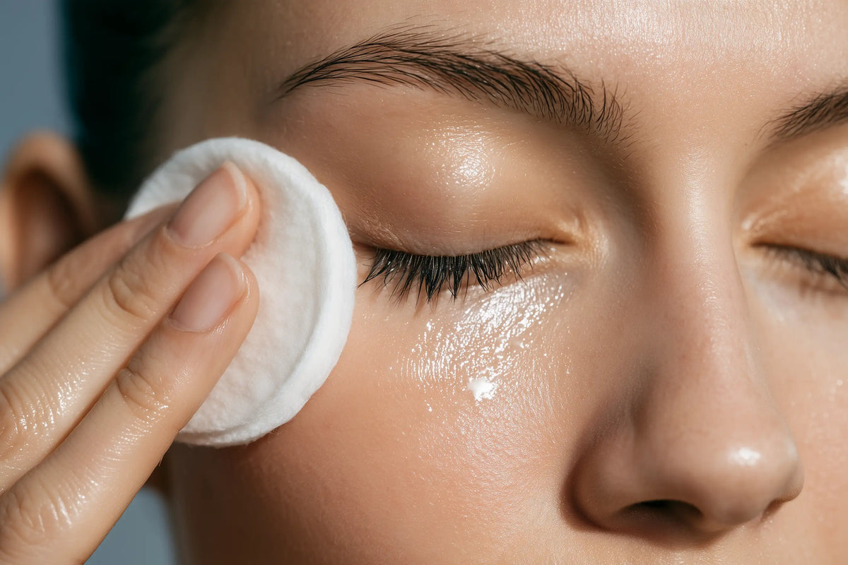 Woman removing eye makeup with micellar water on a cotton pad