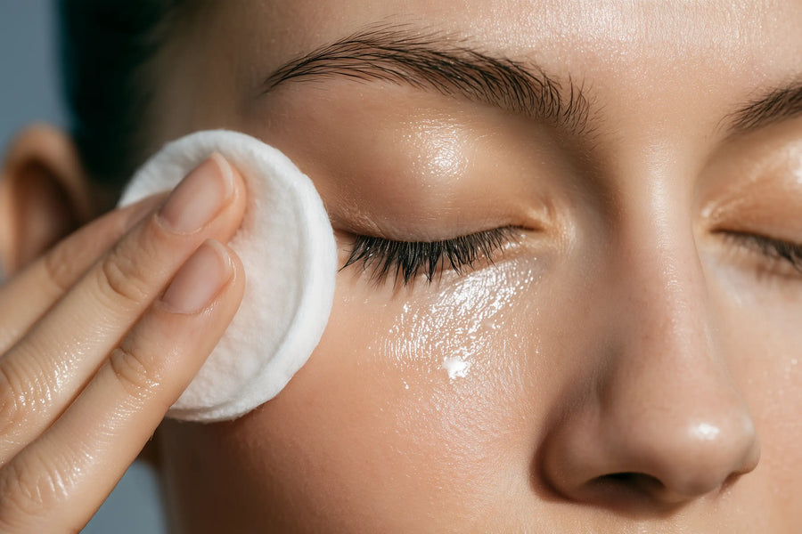 Woman removing eye makeup with micellar water on a cotton pad
