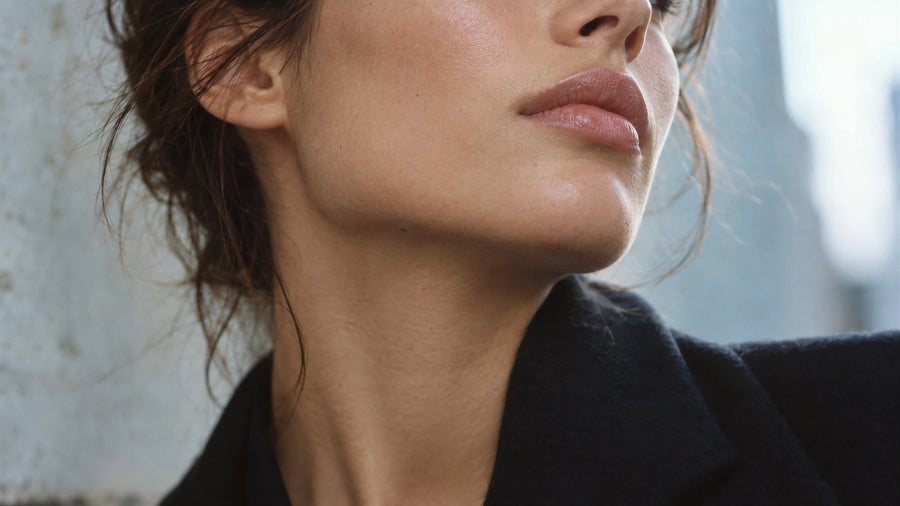 Close-up of clear, calm skin along the jaw after a natural blemish care routine