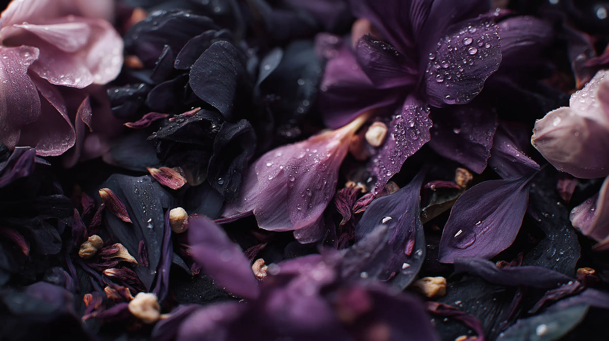 Dark purple and pink flower petals with water droplets — natural botanicals used in certified organic skincare