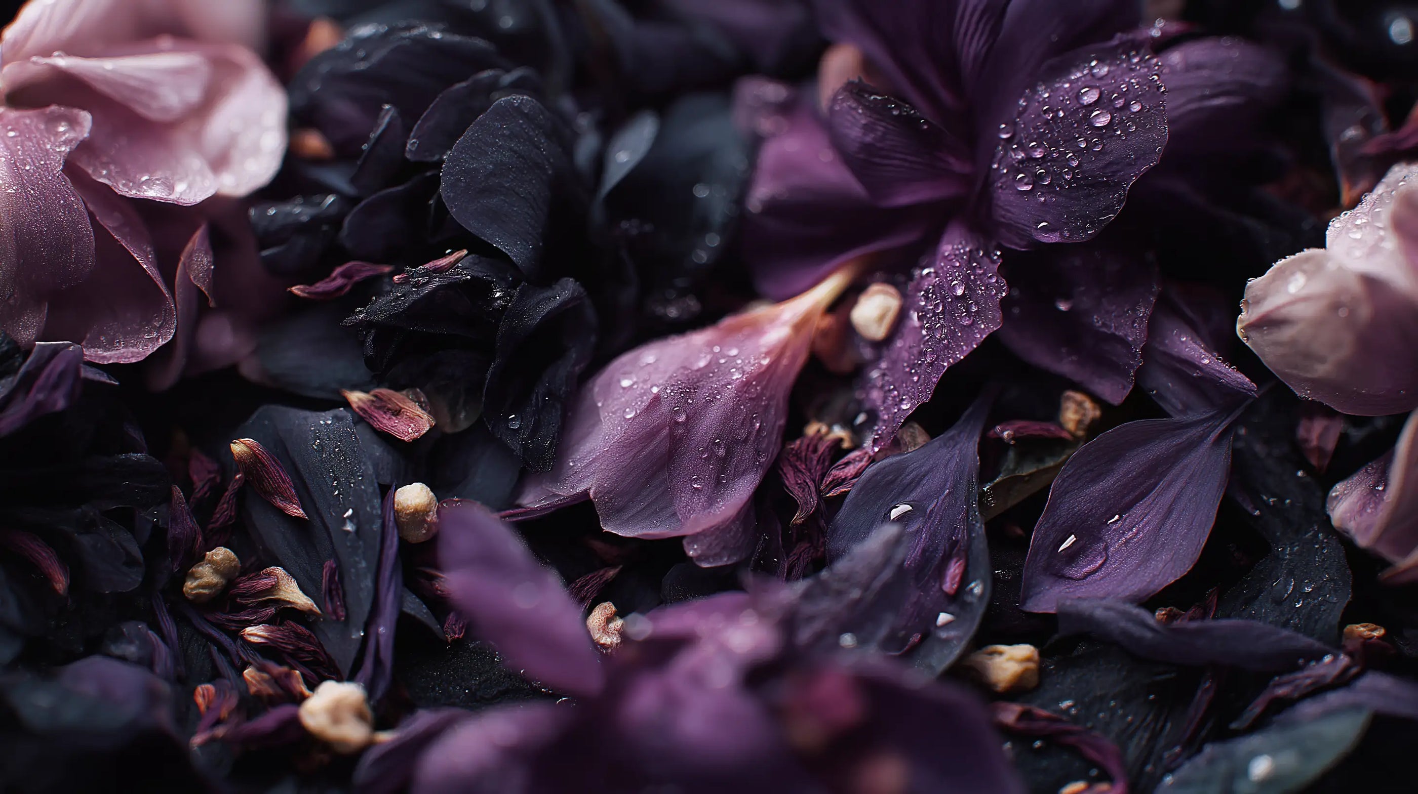 Dark purple and pink flower petals with water droplets — natural botanicals used in certified organic skincare