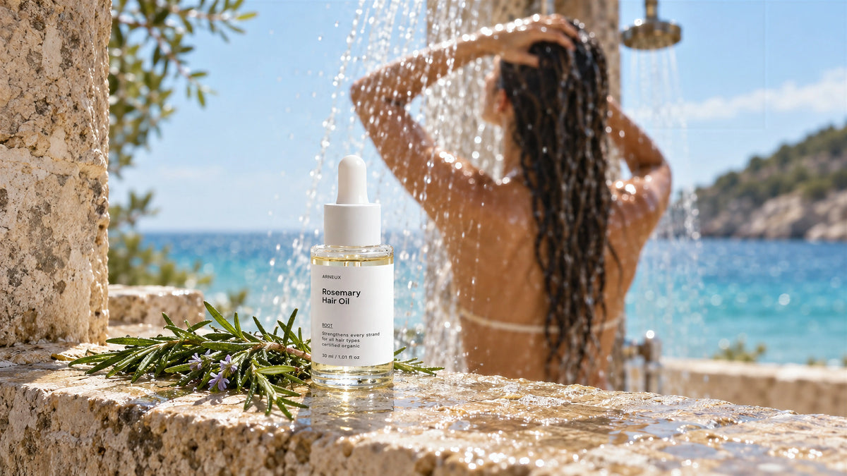 ARNEUX ROOT Rosemary Hair Oil on a beach shower ledge as a woman rinses her hair by the sea