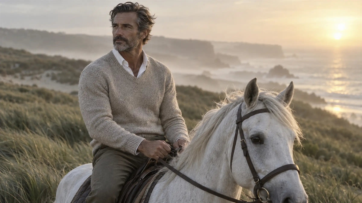 Silver-haired man in an oatmeal knit sweater riding a white horse through coastal dunes at sunrise, with calm, clear sensitive skin