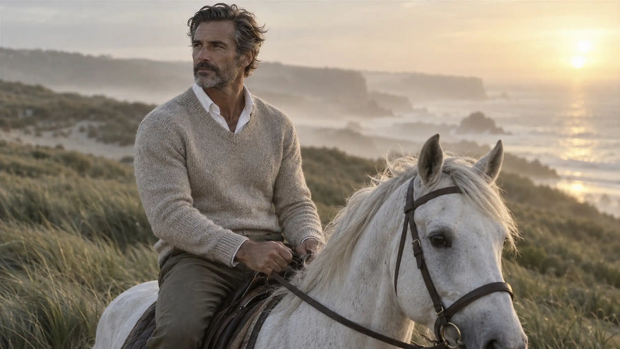 Silver-haired man in an oatmeal knit sweater riding a white horse through coastal dunes at sunrise, with calm, clear sensitive skin