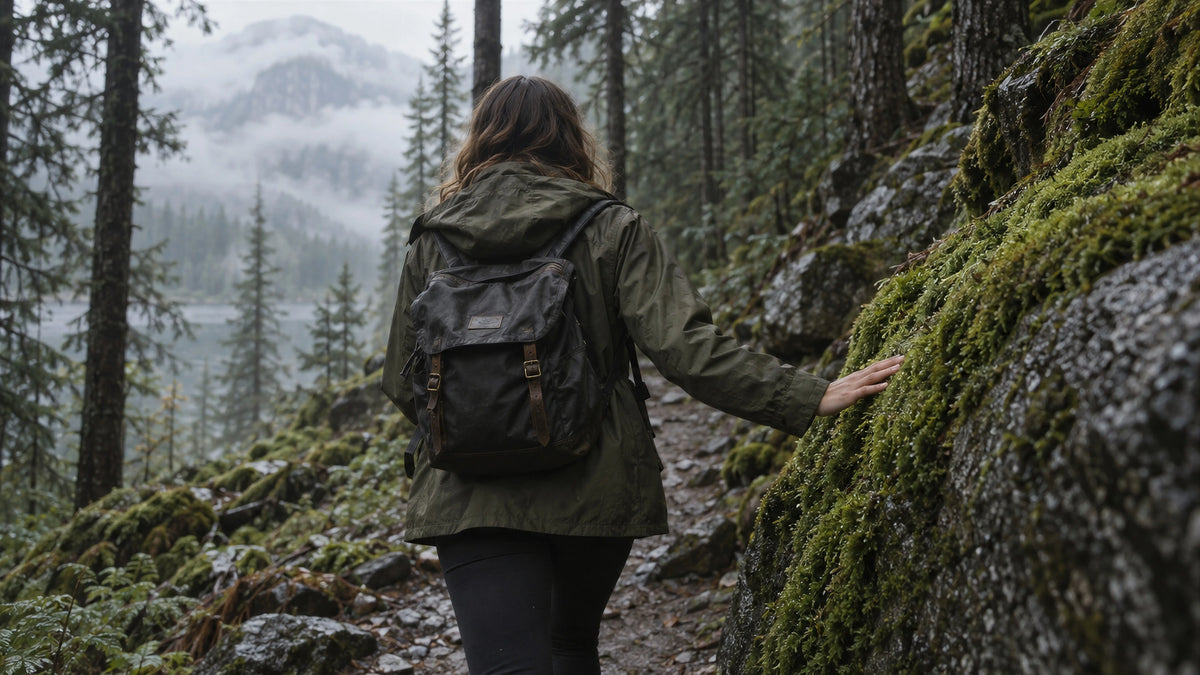Hiker brushing her hand across living moss on a misty forest trail, a nod to the balanced skin microbiome