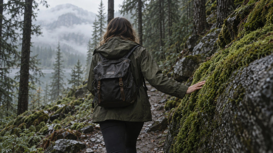 Hiker brushing her hand across living moss on a misty forest trail, a nod to the balanced skin microbiome