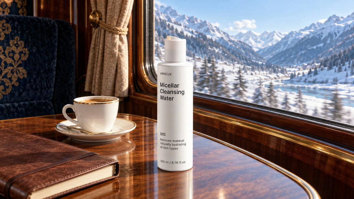 ARNEUX BARE Micellar Cleansing Water on a train table beside an espresso, snowy Alps through the window, a one-product minimalist routine