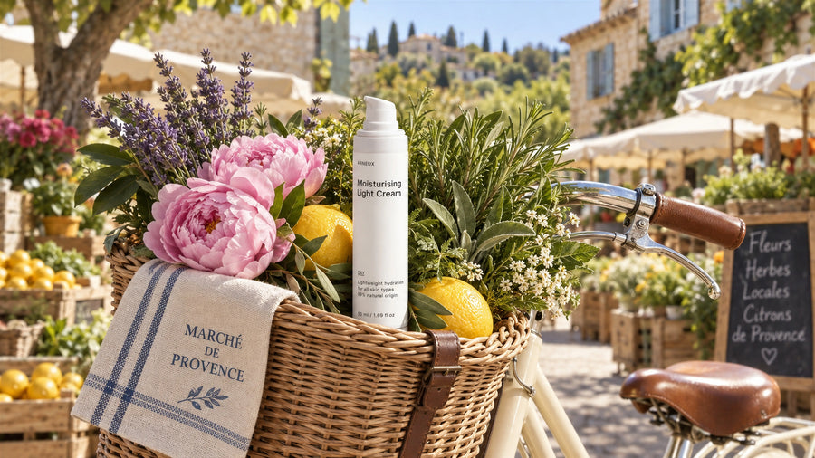 ARNEUX DAY Moisturising Light Cream in a bicycle basket of peonies, herbs and lemons at a Provence market