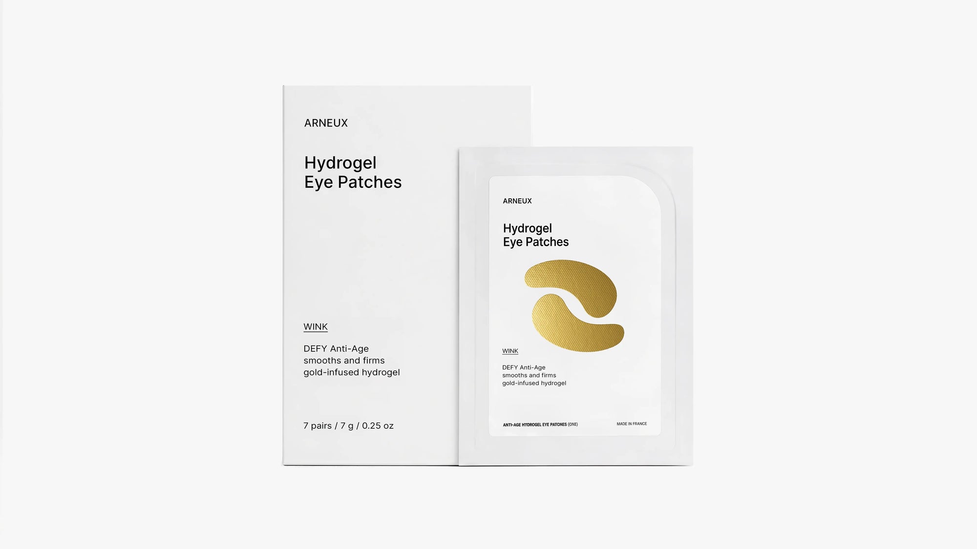 K-beauty hydrogel eye patches, made in France. Three targeted formulations for anti-age, caffeine depuffing, and fatigue recovery