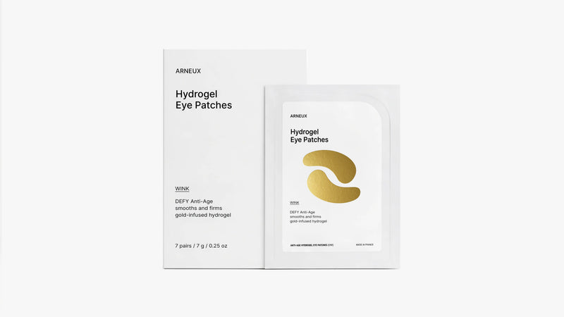 K-beauty hydrogel eye patches, made in France. Three targeted formulations for anti-age, caffeine depuffing, and fatigue recovery