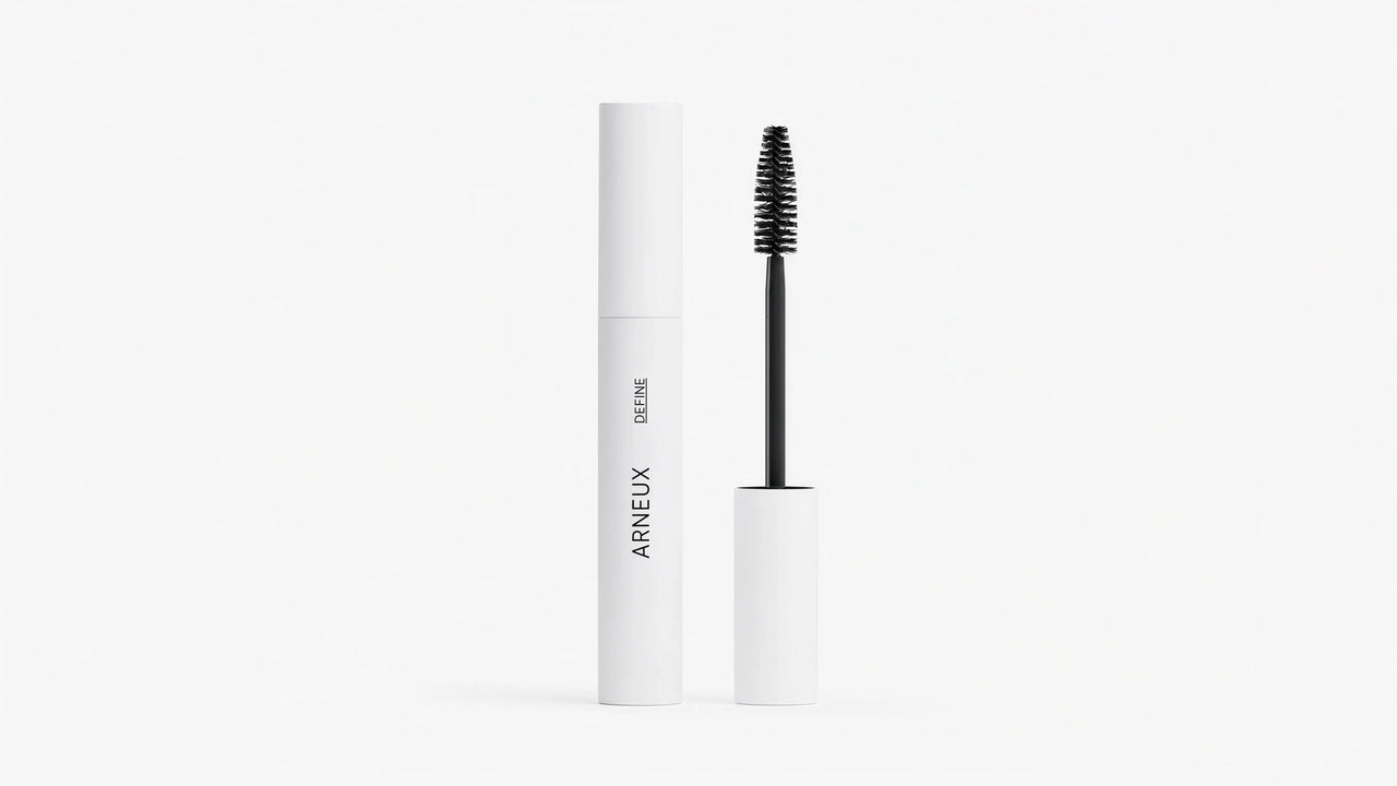 A white mascara tube labeled ARNEUX stands next to its open wand applicator with a black bristle brush, on a clean white background