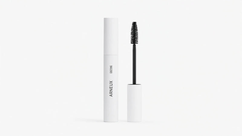 A white mascara tube labeled ARNEUX stands next to its open wand applicator with a black bristle brush, on a clean white background