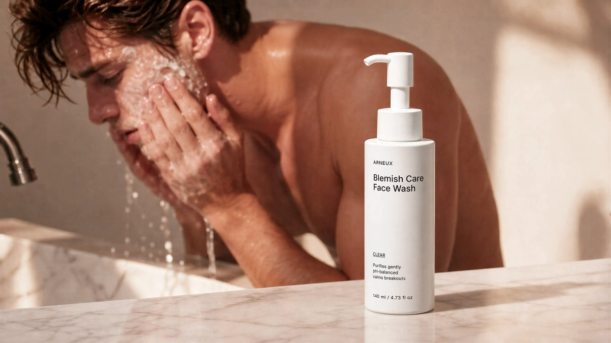 A bottle of ARNEUX Blemish Care Face Wash stands on a marble countertop in a bathroom, with a man washing his face in the background