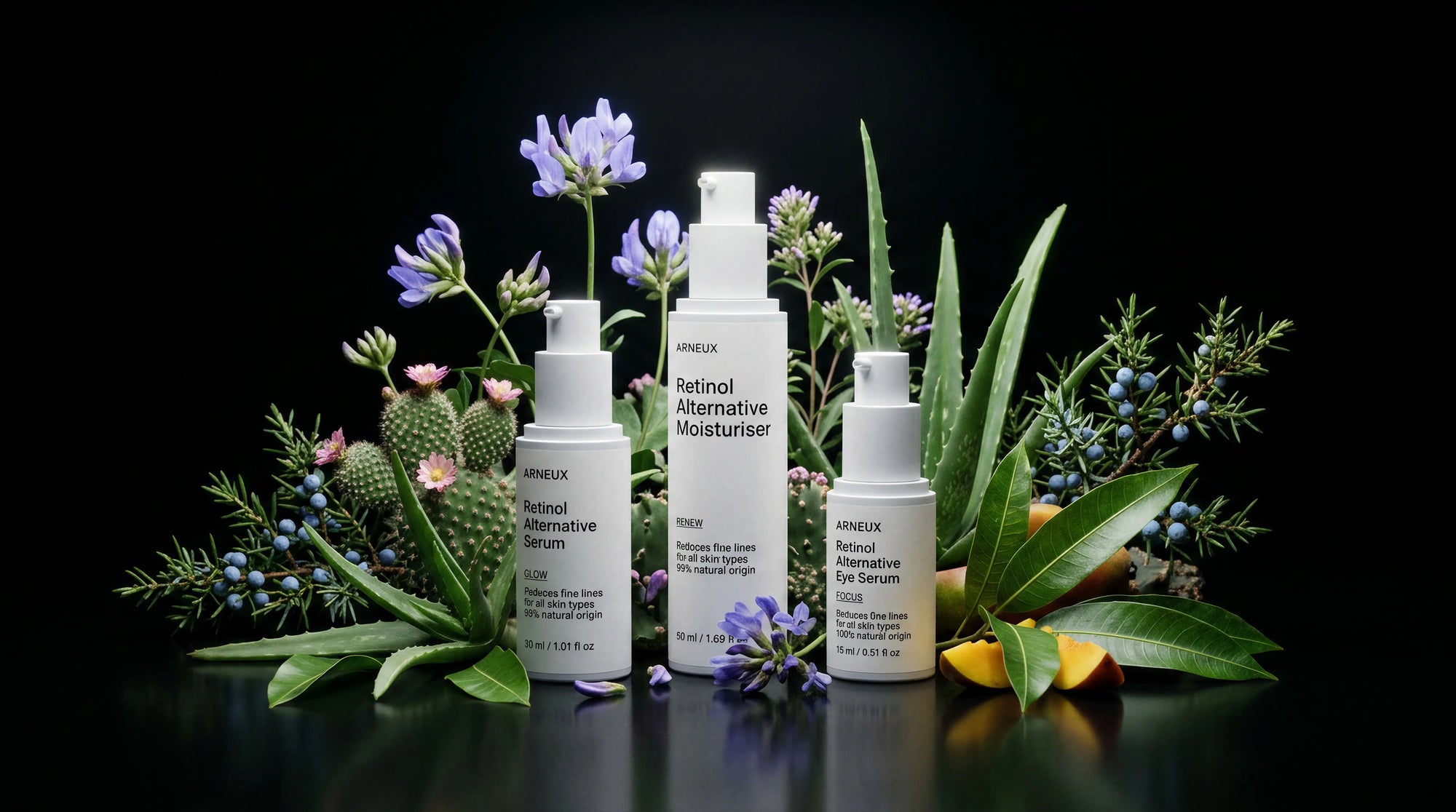 RNEUX AGELESS anti-aging routine with bakuchiol and botanical ingredients on dark background