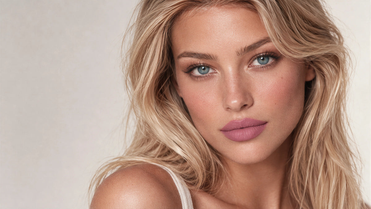 A close-up portrait of a woman with blonde hair and blue eyes, wearing a soft ARNEUX dusty rose lipstick against a light beige background