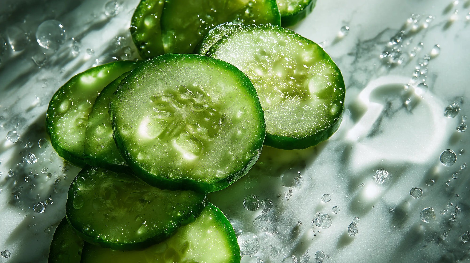 Fresh cucumber slices close-up, natural brightening ingredient in ARNEUX BALANCE organic hyperpigmentation routine