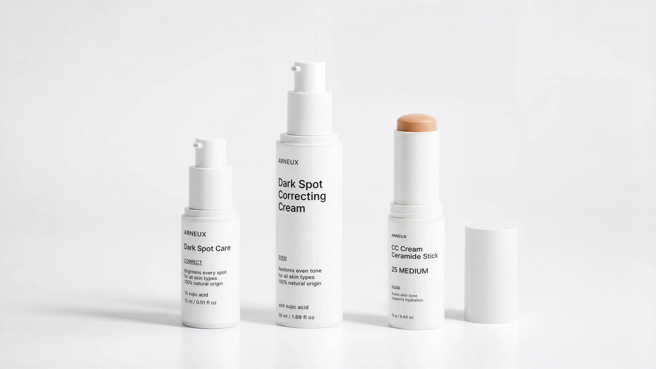 BALANCE Hyperpigmentation Routine by ARNEUX, organic kojic acid treatment, dark spot correcting cream and CC cream