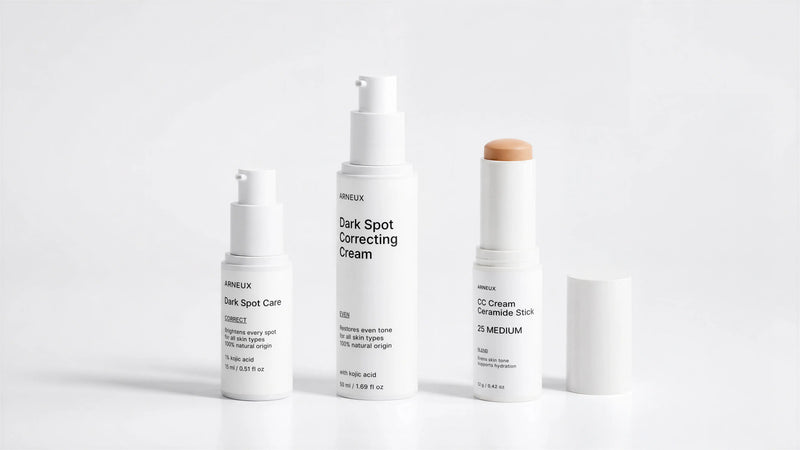 BALANCE Hyperpigmentation Routine by ARNEUX, organic kojic acid treatment, dark spot correcting cream and CC cream