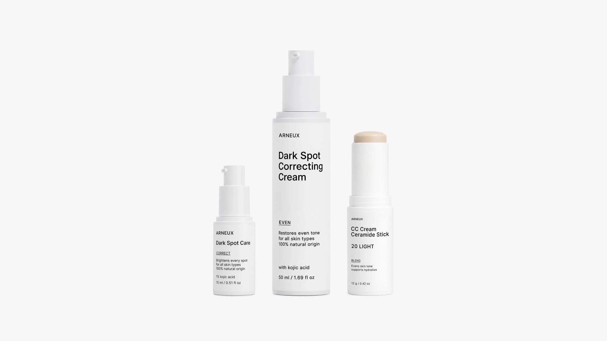 BALANCE Hyperpigmentation Routine by ARNEUX, organic kojic acid treatment, dark spot correcting cream and CC cream