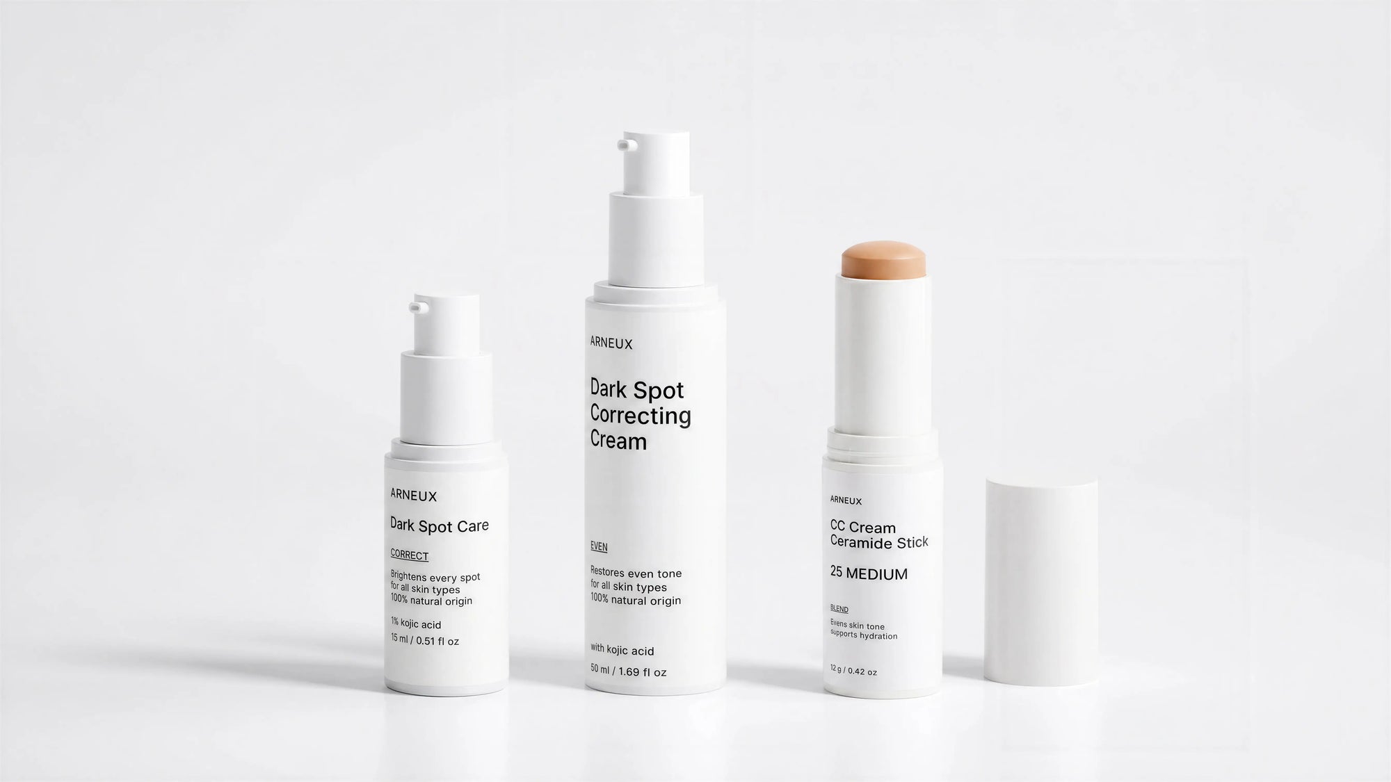 BALANCE Hyperpigmentation Routine by ARNEUX, organic kojic acid treatment, dark spot correcting cream and CC cream