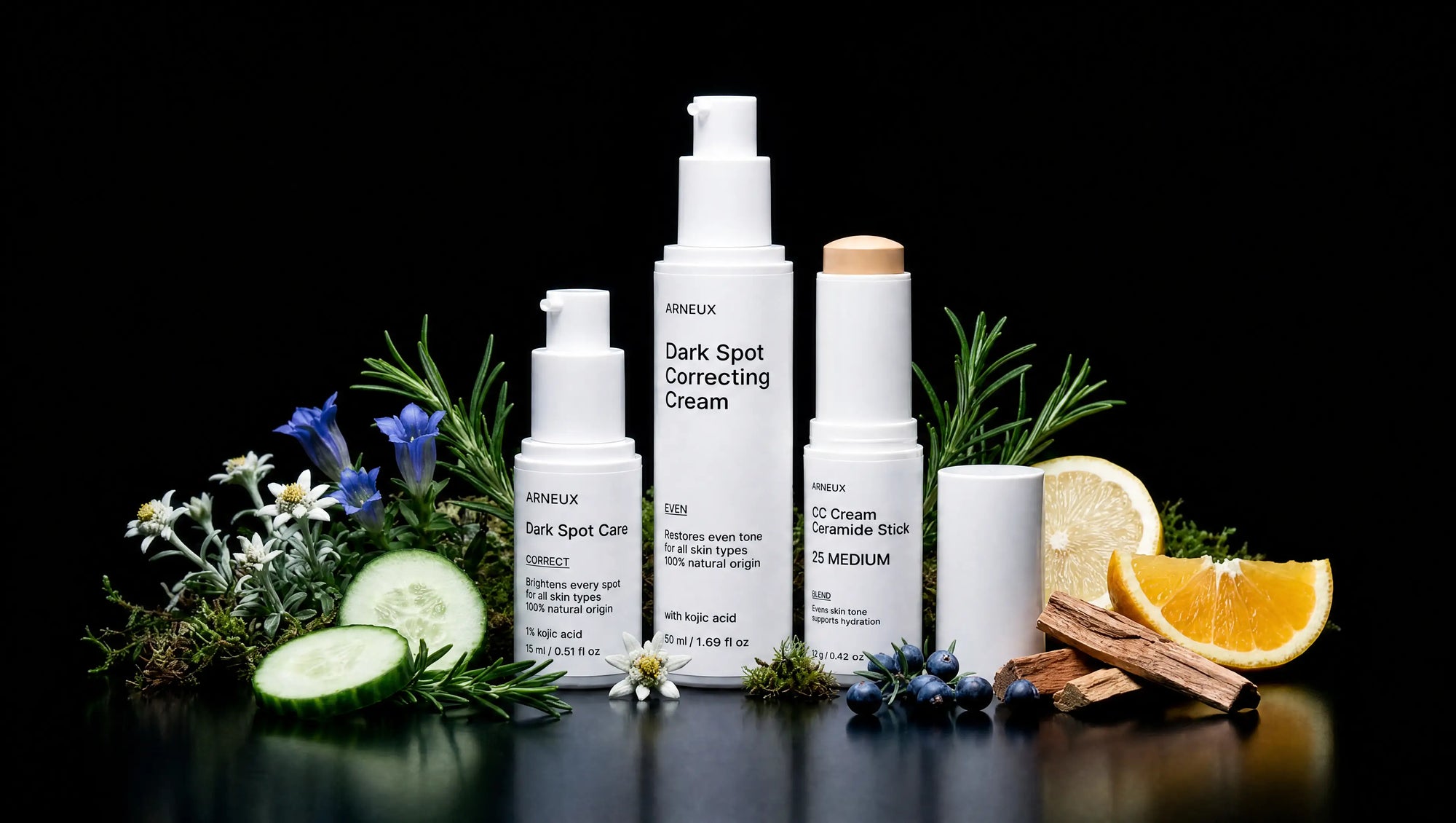 ARNEUX BALANCE hyperpigmentation routine with botanical ingredients on dark background