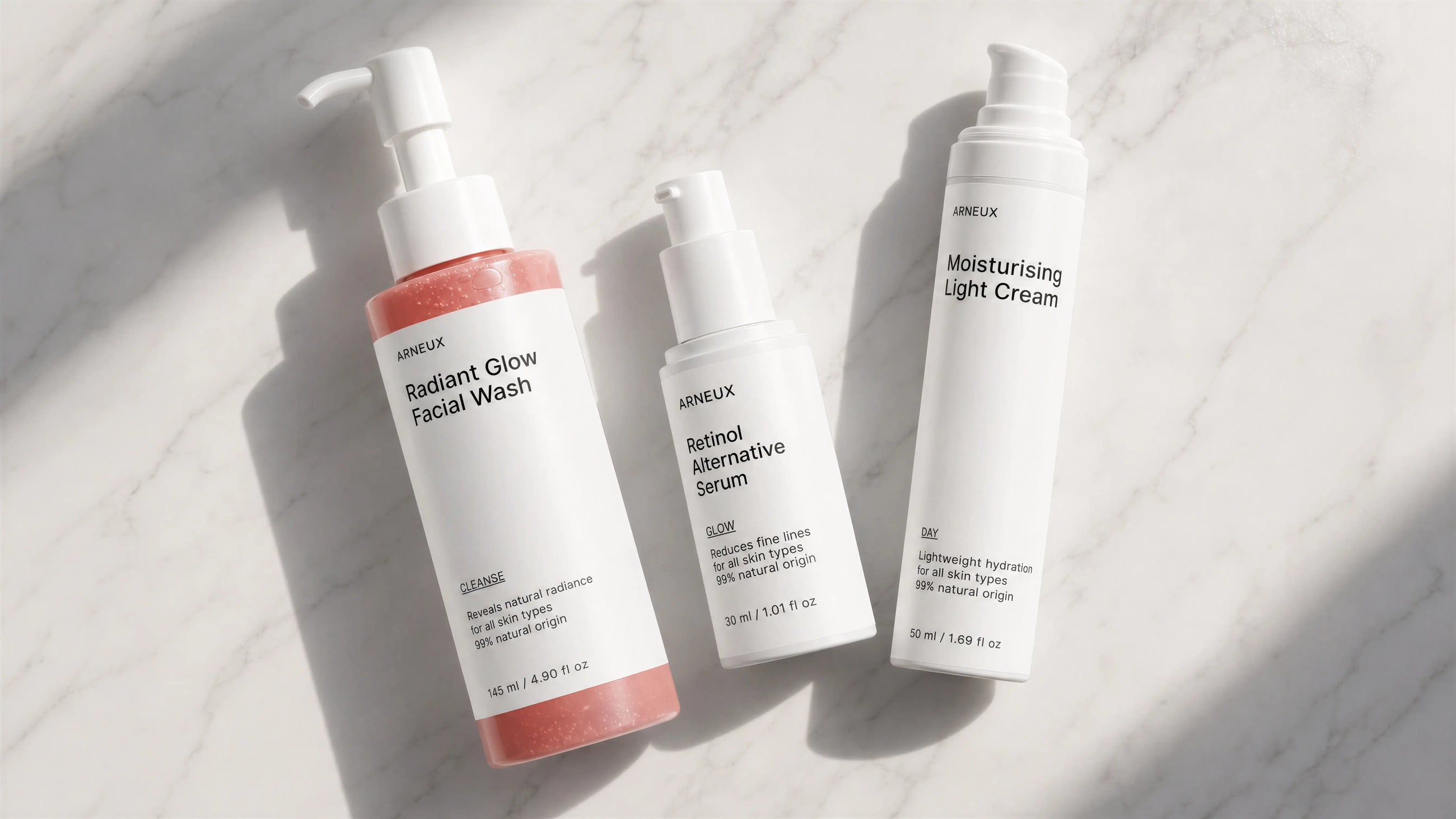 ARNEUX BEGIN organic daily skincare routine products on soft surface, COSMOS certified