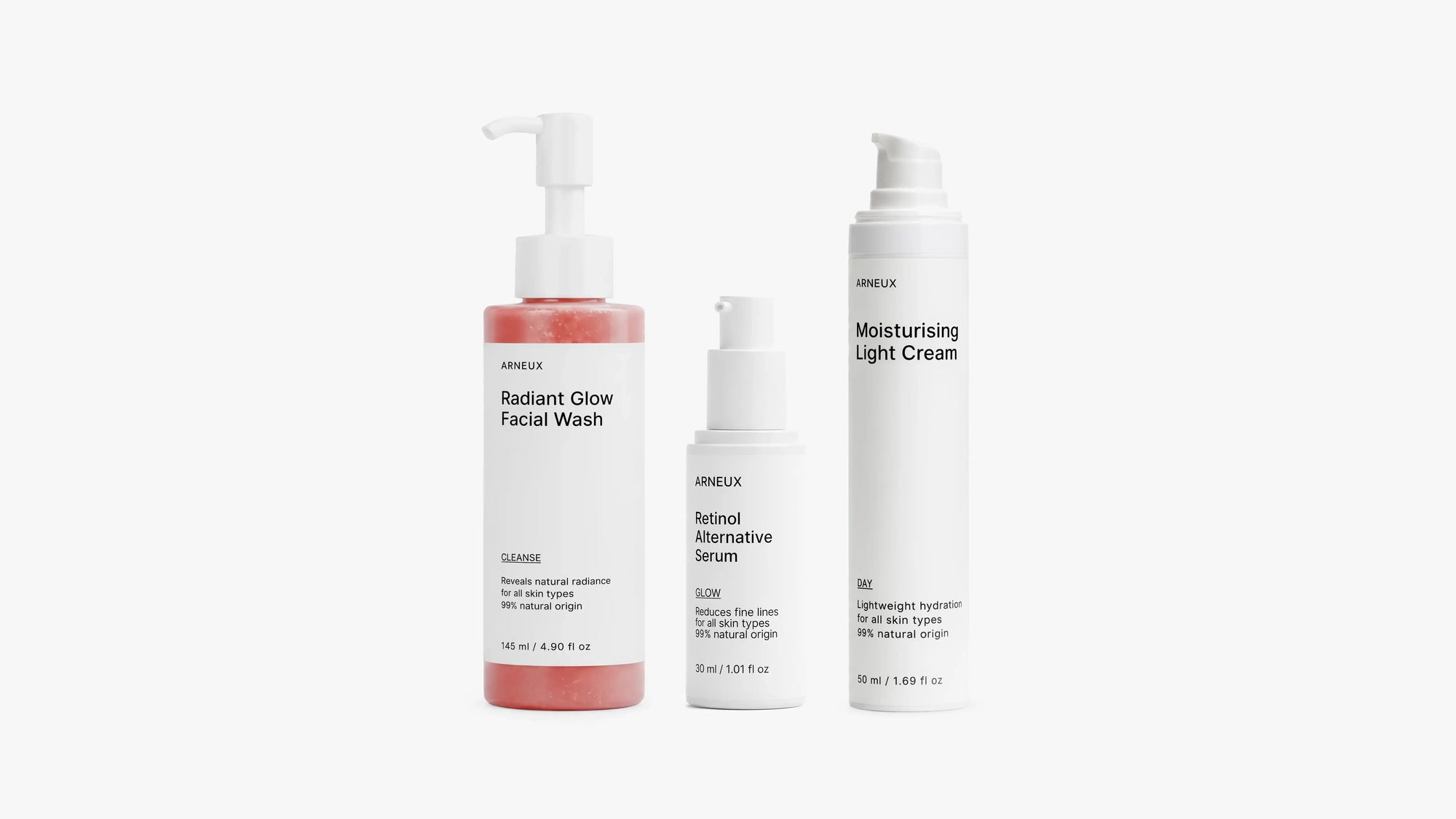 BEGIN The First Skincare Routine by ARNEUX, organic cleanser, bakuchiol serum and light moisturizer set
