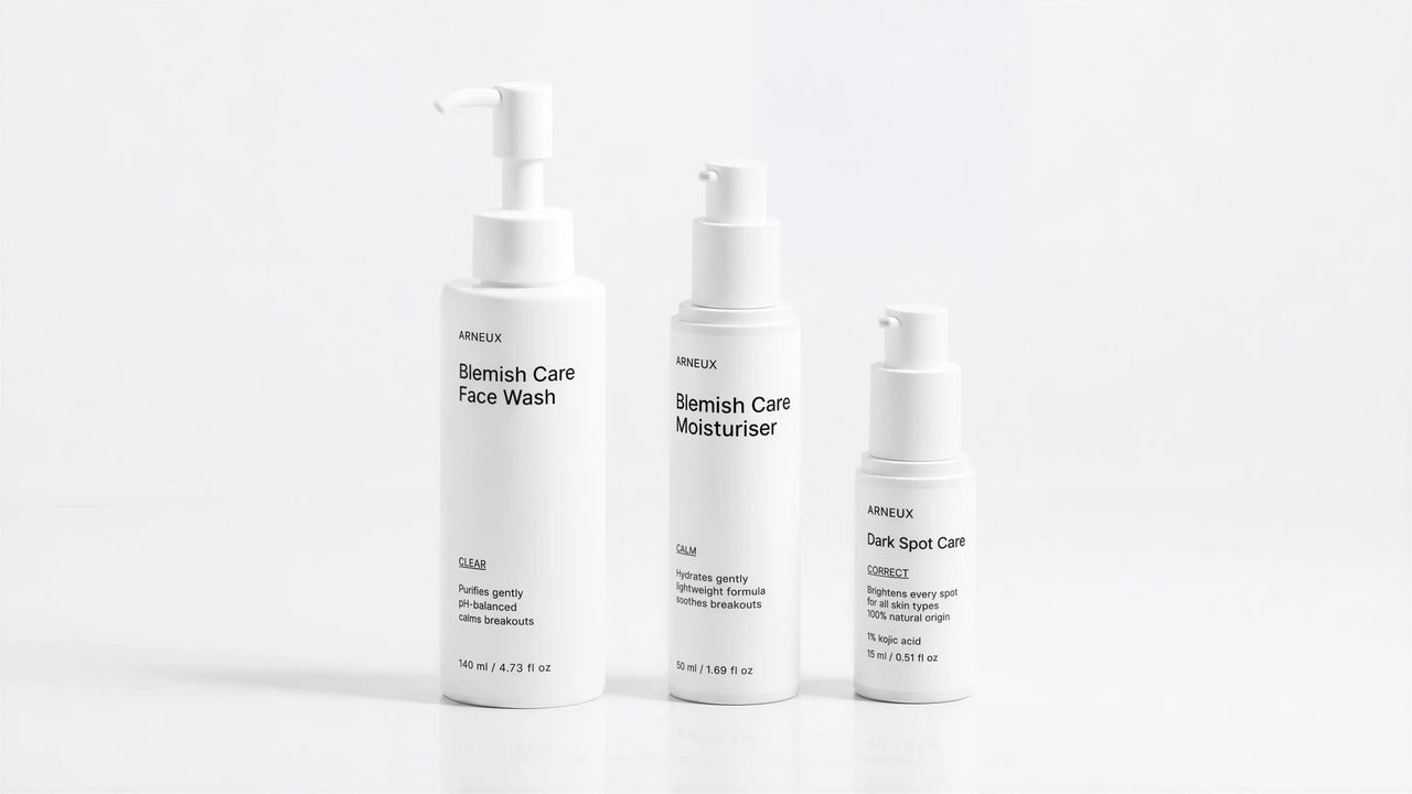 CLARIFY Acne and Blemish Routine by ARNEUX, organic face wash, calming moisturizer and kojic acid dark spot treatment