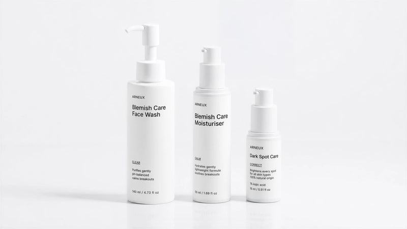 CLARIFY Acne and Blemish Routine by ARNEUX, organic face wash, calming moisturizer and kojic acid dark spot treatment
