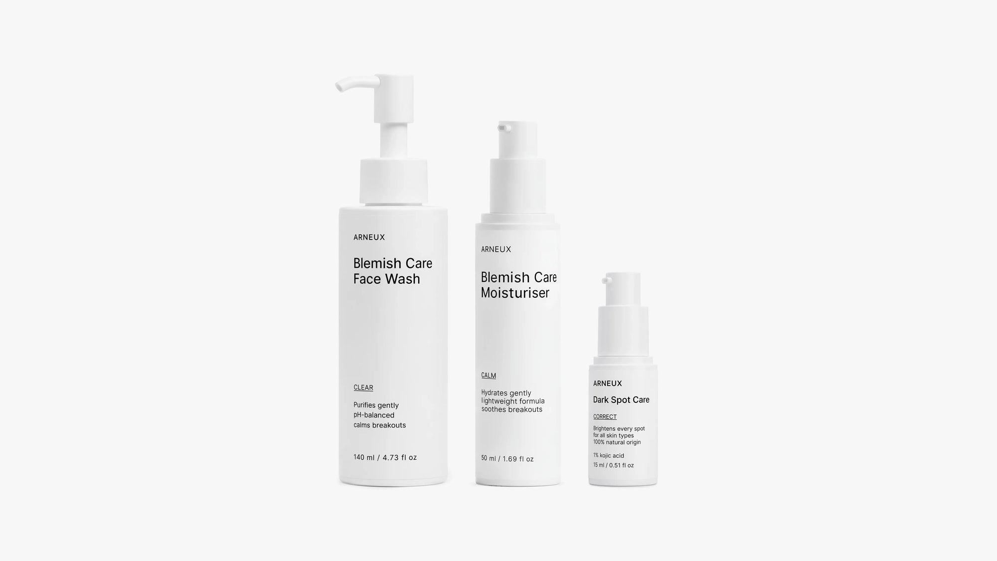 CLARIFY Acne and Blemish Routine by ARNEUX, organic face wash, calming moisturizer and kojic acid dark spot treatment