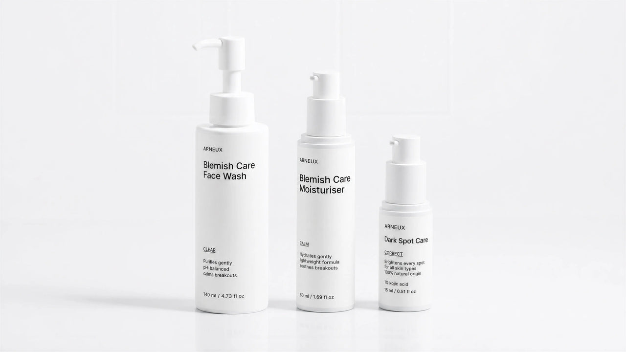 CLARIFY Acne and Blemish Routine by ARNEUX, organic face wash, calming moisturizer and kojic acid dark spot treatment