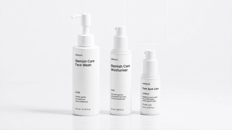 CLARIFY Acne and Blemish Routine by ARNEUX, organic face wash, calming moisturizer and kojic acid dark spot treatment