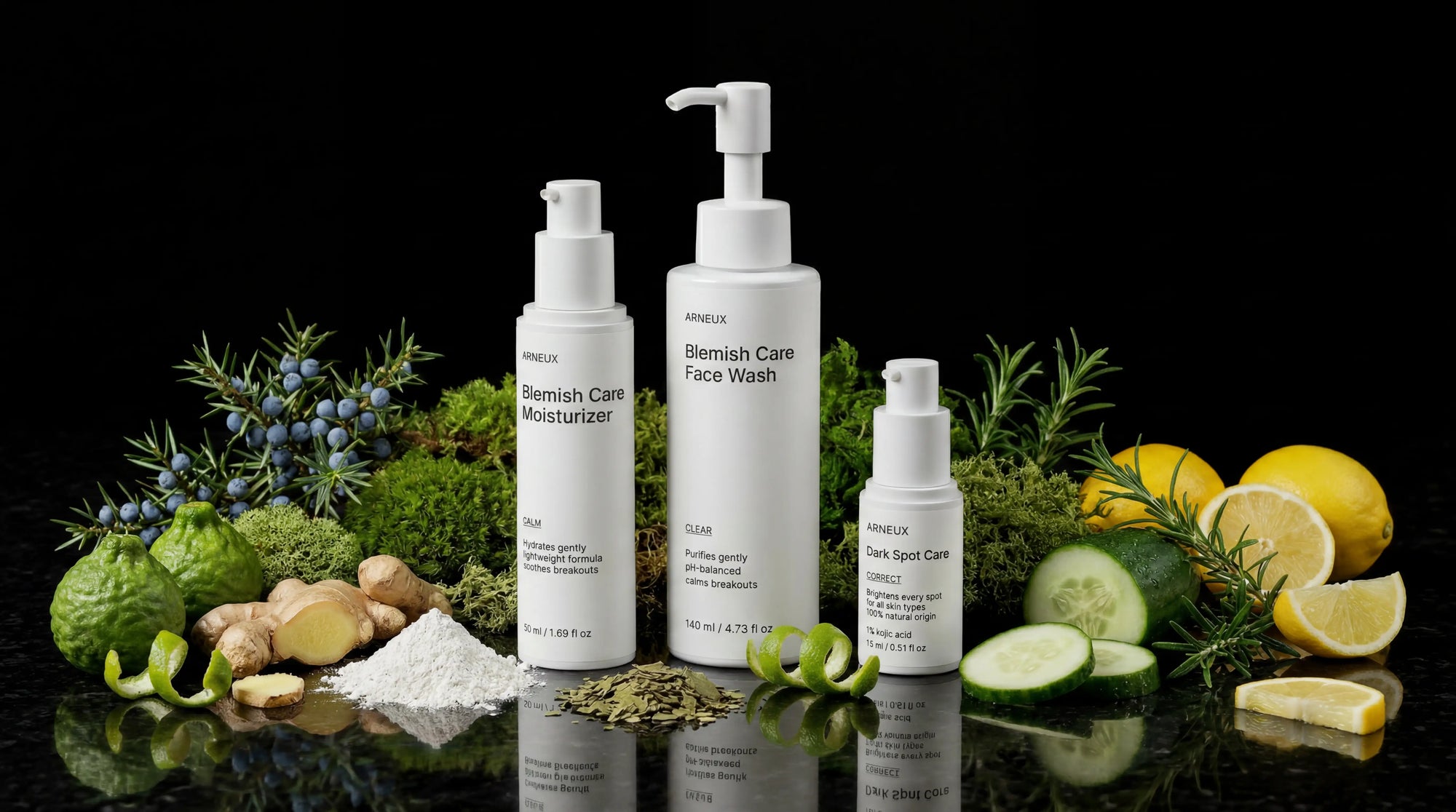 ARNEUX CLARIFY acne blemish routine with natural botanical ingredients on dark background