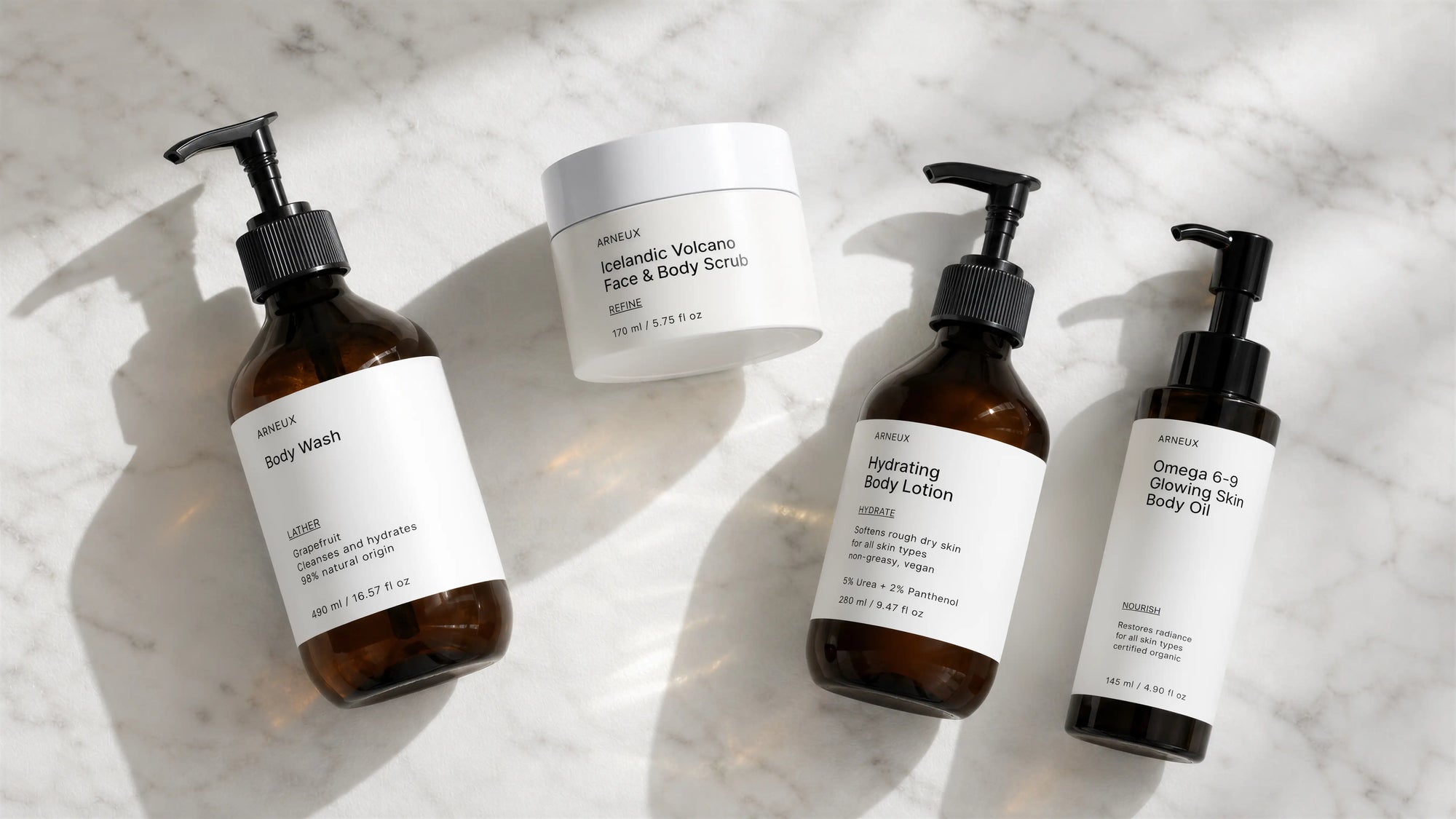 ARNEUX ELEVATE organic body care routine lifestyle shot, COSMOS certified glowing skin body set