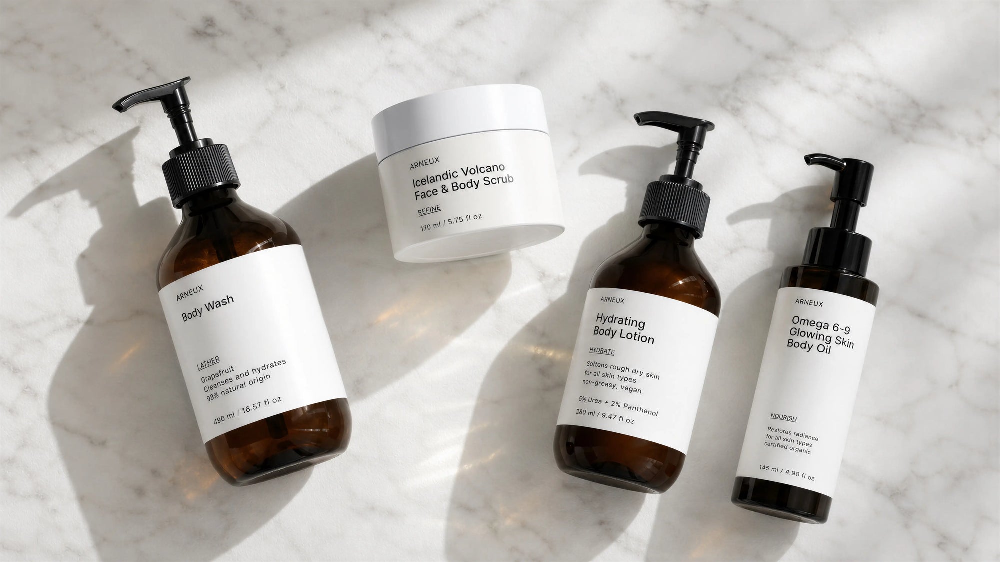 ARNEUX ELEVATE organic body care routine lifestyle shot, COSMOS certified glowing skin body set