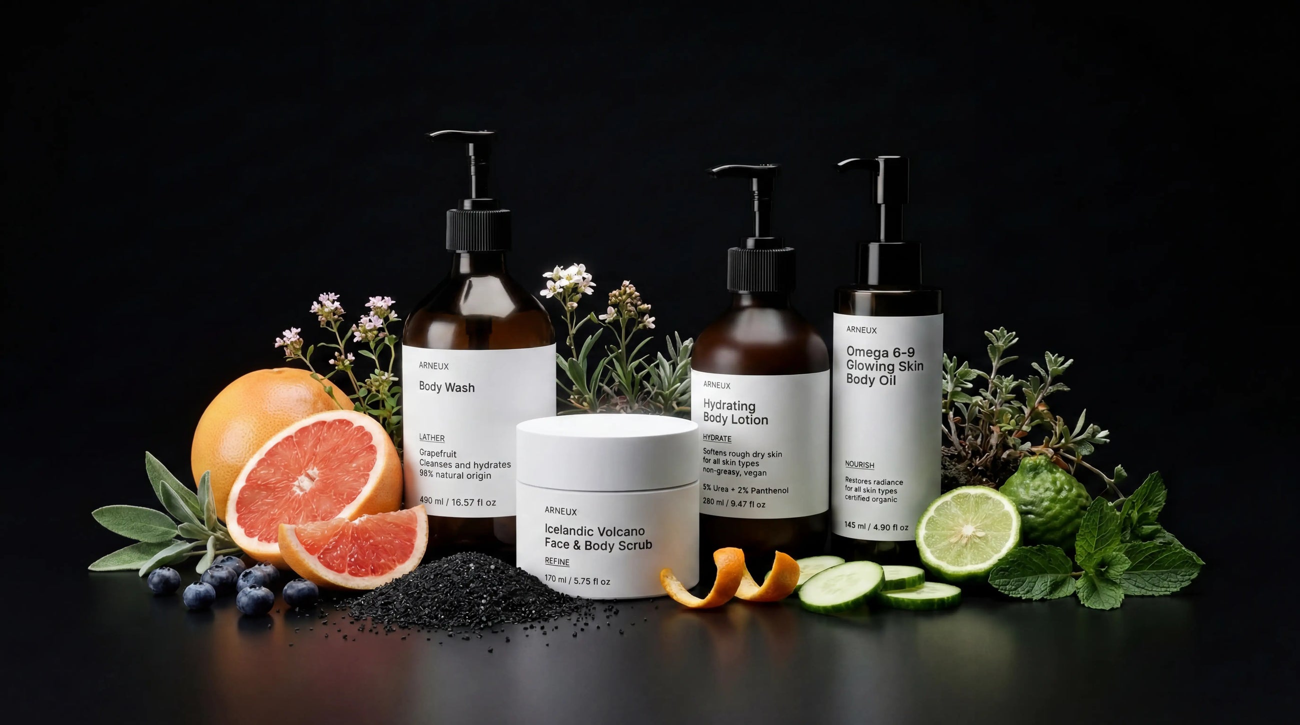 ARNEUX ELEVATE organic body care routine with grapefruit and botanical ingredients on dark background