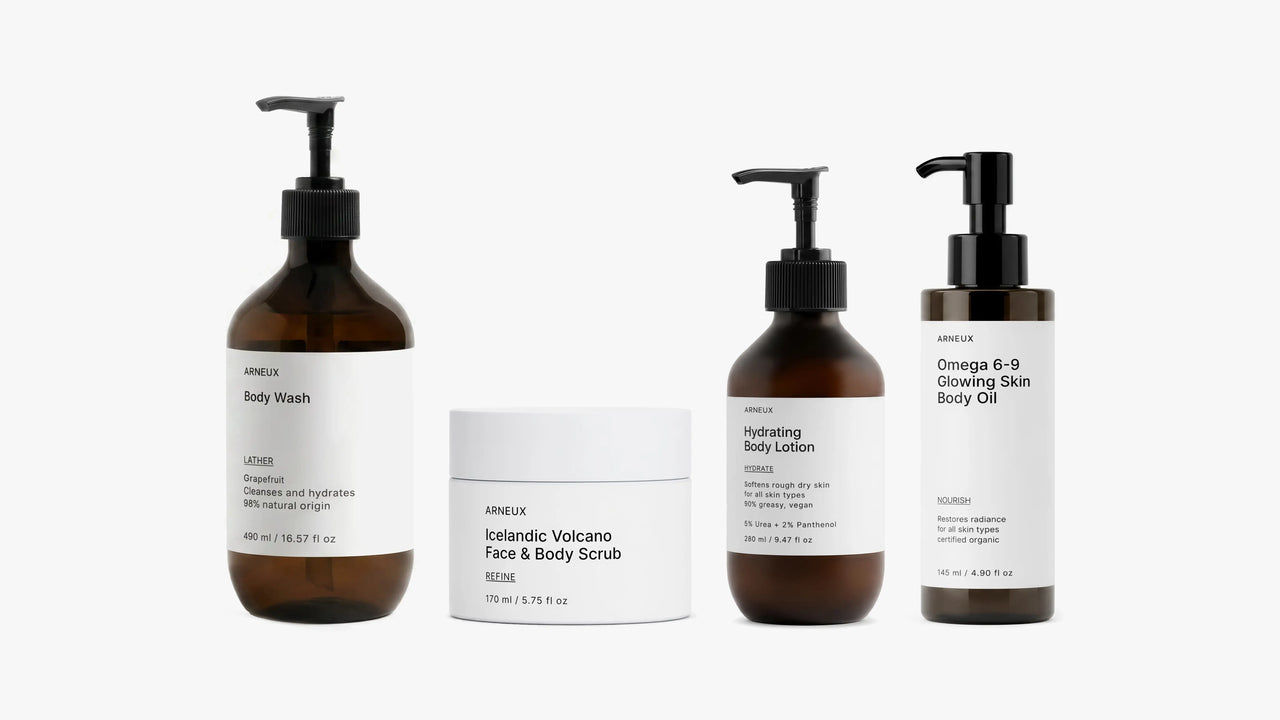 ELEVATE Organic Body Care Routine by ARNEUX, body wash, volcanic scrub, urea lotion and omega body oil