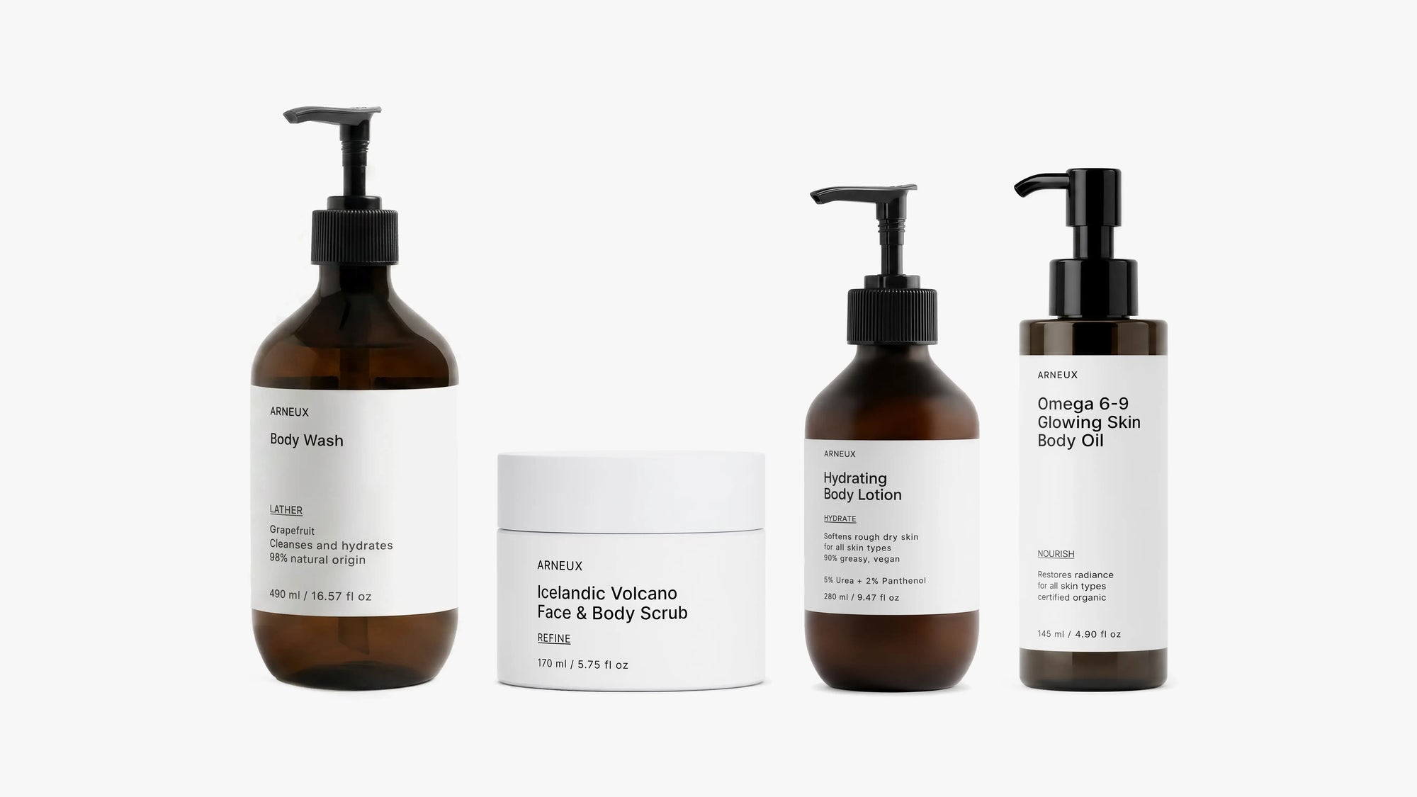 ELEVATE Organic Body Care Routine by ARNEUX, body wash, volcanic scrub, urea lotion and omega body oil