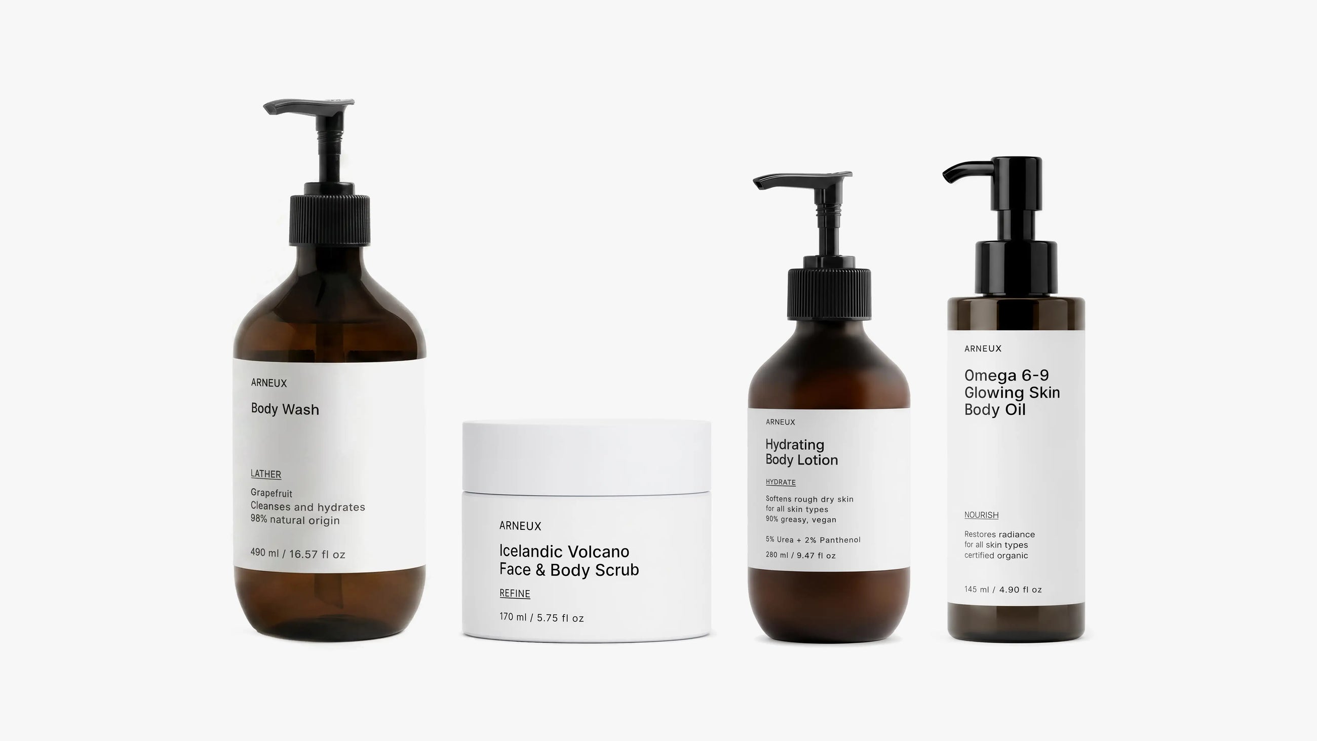ELEVATE Organic Body Care Routine by ARNEUX, body wash, volcanic scrub, urea lotion and omega body oil