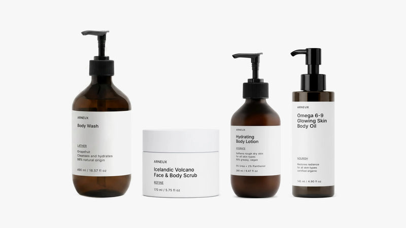 ELEVATE Organic Body Care Routine by ARNEUX, body wash, volcanic scrub, urea lotion and omega body oil
