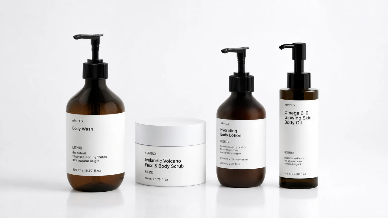 ELEVATE Organic Body Care Routine by ARNEUX, body wash, volcanic scrub, urea lotion and omega body oil