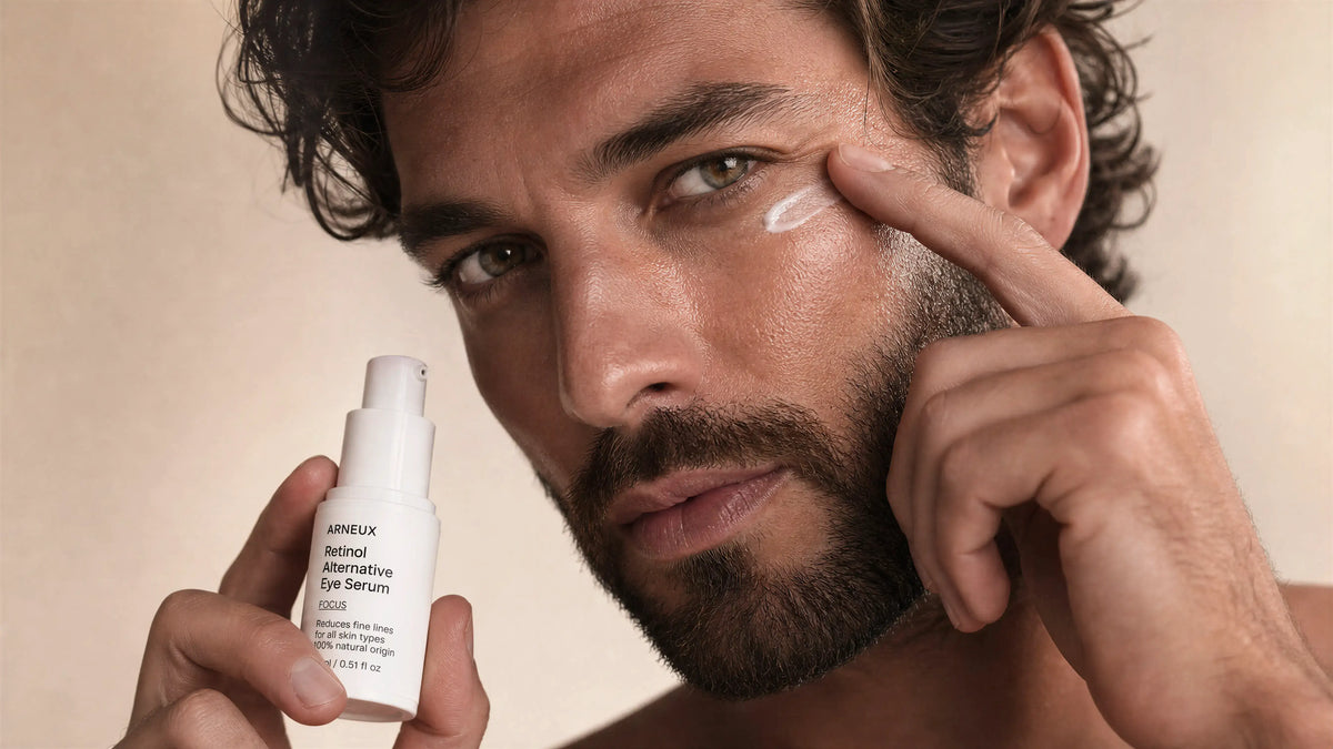 A close-up lifestyle shot of a man applying Retinol Serum from ARNEUX to his cheek while holding the white bottle in his other hand, set against a warm beige background