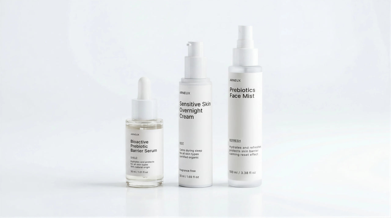 FORTIFY Skin Barrier Routine by ARNEUX, organic prebiotic serum, fragrance free overnight cream and hydrating mist